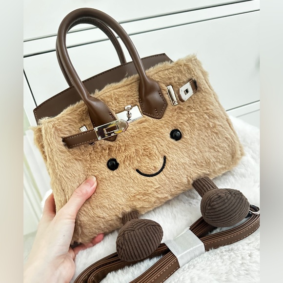 DARK BEIGE TikTok Jellykin JellyCat Plush Handbag with Smiley Face double Handle - Picture 12 of 13